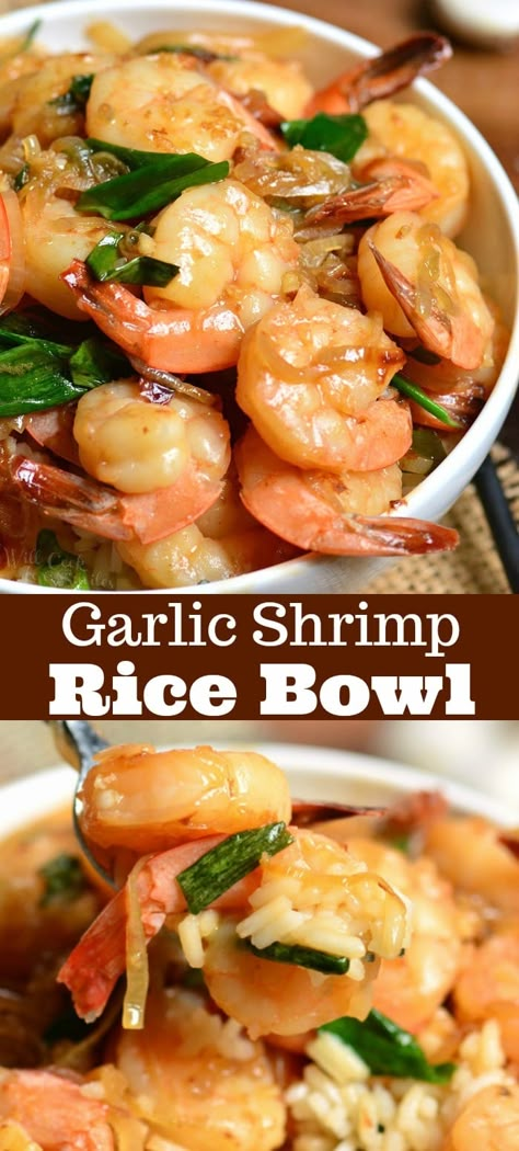 Garlic Shrimp Rice, Shrimp Rice Bowl Recipe, Shrimp Rice Bowl, Shrimp Bowls, Shrimp Rice, Fluffy Rice, Seafood Sauce, Rice Bowls Recipes, Sauteed Shrimp