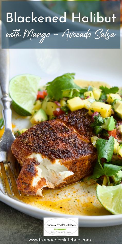 Blackened Halibut with Mango and Avocado Salsa Restaurant Halibut Recipes, Halibut Bowl Recipes, Cajun Halibut Recipes, Blackened Halibut Recipes, Paleo Halibut Recipes, Summer Halibut Recipes, Pacific Halibut Recipe, Halibut Sandwich Recipes, How To Cook Halibut On The Stove