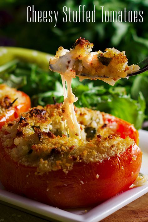 Cheesy Stuffed Tomatoes Stuffed Heirloom Tomatoes, Stuffed Veggies, Tomato Stuffed, Stuffed Tomato, Parmesan Rice, Glazed Vegetables, Stuffed Tomatoes, Fresh Tomato Recipes, Baked Tomatoes