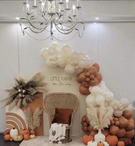 Baby Shower Ideas Pumpkin Theme, Vintage Fall Baby Shower Ideas, Little Pumpkin Baby Shower Dessert Table Ideas, Pumpkin On The Way, Fall Baby Shower Backdrop Ideas, Pumpkin Gender Reveal Centerpieces, A Pumpkin Is On The Way, Fall Baby Shower Balloon Arch, Pumpkin Baby Shower Decor