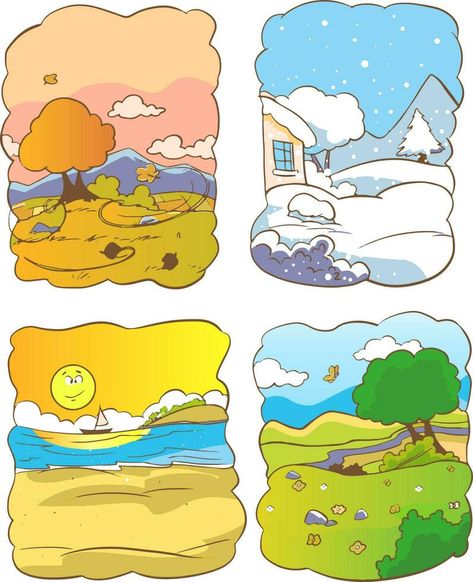 four seasons cartoon vector Season Illustration Design, 4 Seasons Drawing, Seasons Drawing, Seasons Clipart, Four Seasons Art, Weather Seasons, Weather Patterns, Seasons Art, Vector Cartoon