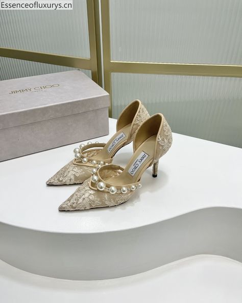 Jimmy Choo Aurelie Beige Lace Pearls Pumps 85MM Jimmy Choo Aurelie, Online Shopping Shoes, Louis Vuitton Shoes, Replica Handbags, Jimmy Choo, Louis Vuitton, Pumps, Handbags, Lace