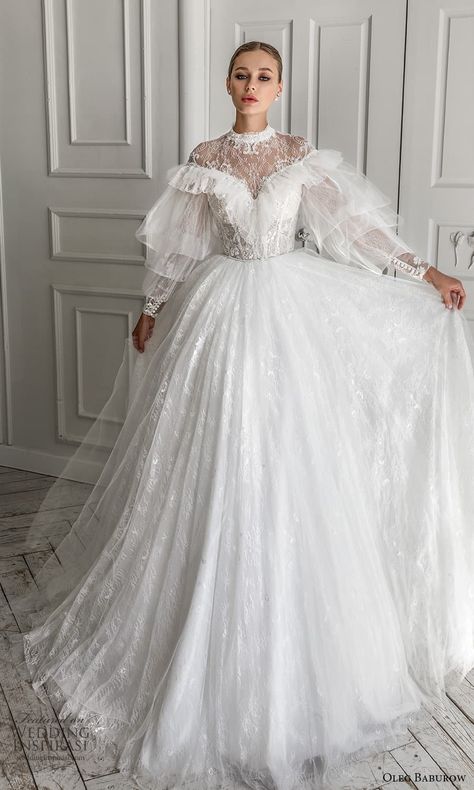 High Neckline Wedding Dress With Sleeves, Ruffle Wedding Dress With Sleeves, Ball Gown Wedding Dress With Sleeves, Empress Wedding Dress, Wedding Dress Ruffles, Oleg Baburow, Ruffles Wedding Dress, Ruffled Wedding Dress, Wedding Dress With Ruffles