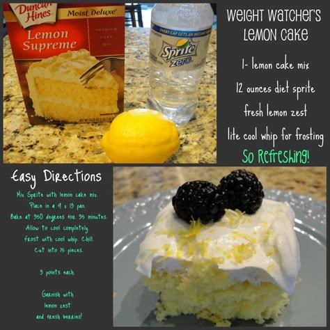 A Weight Watchers Recipe Sprite Cake, Diet Sprite, Weight Watchers Recipe, Lemon Cake Mixes, Ww Desserts, Weight Watchers Desserts, Low Cal Recipes, Ww Recipes, Lemon Cake