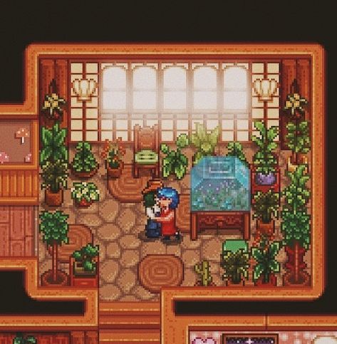 Stardew Cottagecore House, Stardew Valley Plant Room, Stardew Valley House Paint Ideas, Sdv Cellar, Stardew Valley Farm Interior, Sdv Decoration Ideas, Stardew Valley Japanese House, Aesthetic Stardew Valley House, Stardew Valley Corner Room