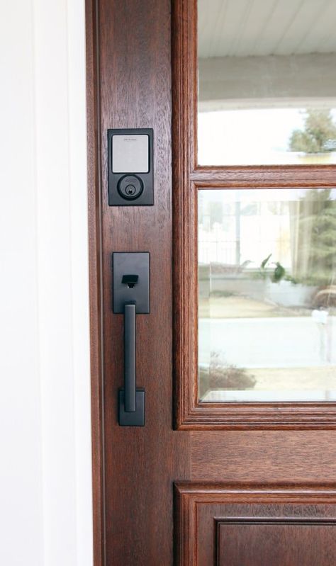 Sneak Peek at the new Front Door + Schlage Giveaway! - Chris Loves Julia Matte Black Exterior Door Hardware, Door With Keyless Entry, Craftsman Front Door Handles, Matte Black Entry Door Hardware, Black Front Door Handles Hardware, Matte Black Front Door Hardware, Smart Front Door Lock, Modern Door Hardware Exterior, Farmhouse Front Door Handles