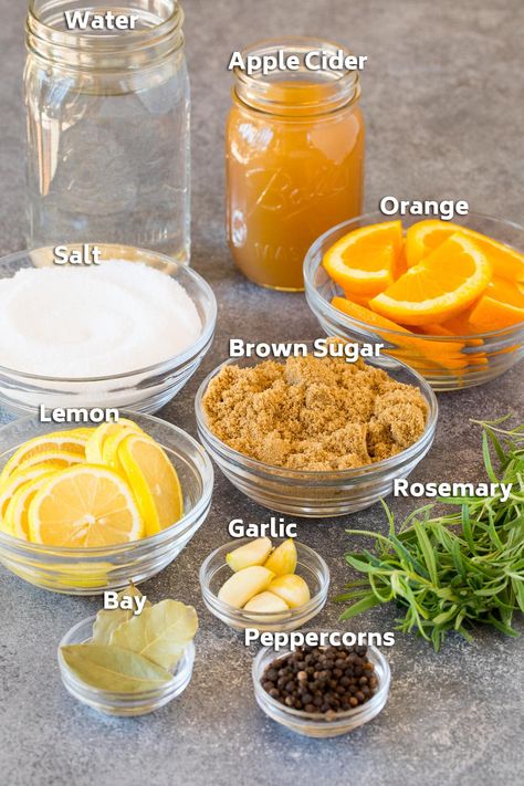 This turkey brine recipe is flavored with apple, citrus, brown sugar, rosemary and spices. It's the perfect way to guarantee a moist and flavorful turkey every time! Cider And Citrus Turkey Brine, Orange Brine For Turkey, Dr Pepper Turkey Brine, Thanksgiving Turkey Recipes Brine, Honey Brined Turkey, Orange Juice Turkey Brine, Citrus Brine Turkey, Turkey Brine Apple Cider, Apple Cider Vinegar Turkey Brine