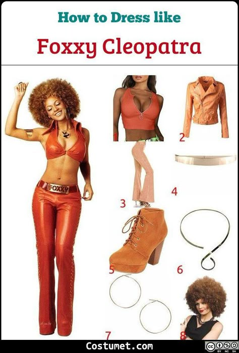 Foxxy Cleopatra costume is an brown leather bar topped with matching crop jacket, low waist leather pants, a gold belt, brown platform shoes, gold ear hoops, a gold necklace, and gold rings.           #AustinPowers #movies #female #AustinPowers #spy #sexy #couple #black #afro #Beyonce Foxxy Cleopatra Beyonce Costume, Beyonce Austin Powers Costume, Foxxy Cleopatra Halloween Costume, Foxxy Cleopatra Outfits, Foxy Cleopatra Outfit, Foxy Cleopatra Halloween Costume, Foxy Brown Costume, Halloween Costumes 2000s, Beyonce Austin Powers