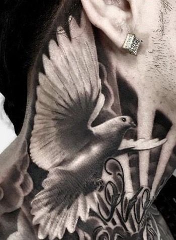 Texas Neck Tattoo, Dove On Neck Tattoo, Native American Neck Tattoos, Dove Tattoo Neck, Dove Neck Tattoo, Tattoo Goat, Chest Neck Tattoo, Aztec Tattoos Sleeve, Full Neck Tattoos