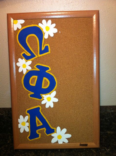 Crazy Omega Phi Alpha Large Daisy Cork by SarahElizabethCrafts, $25.00 Painted Cork Board, Omega Phi Alpha, Greek Crafts, Sister Crafts, Alpha Phi Omega, Large Daisy, Cork Boards, Phi Sigma Sigma, Sorority Big Little