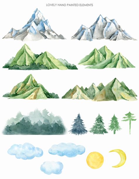 Mountain Clipart, Mountains And Trees, Mountain Drawing, Png Elements, Watercolor Mountains, 수채화 그림, Watercolor Art Lessons, Mountain Paintings, Mountain Art