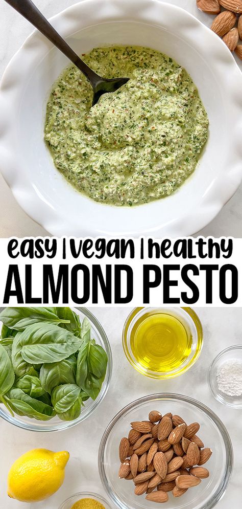 pesto recipe with almonds and basil. Pesto Recipe No Nuts, Dairy Free Dip Recipes, Almond Pesto Recipe, Vegan Cheese Substitute, Dairy Free Dips, Dairy Free Pesto, Almond Pesto, Vegan Tzatziki, Kale Pesto