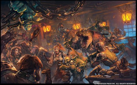 Fantasy Party Art, Fantasy Bar Art, Fantasy Bar, Fantasy Tavern, Adventuring Party, Mid 90's, Savage Worlds, City Background, Fantasy Setting