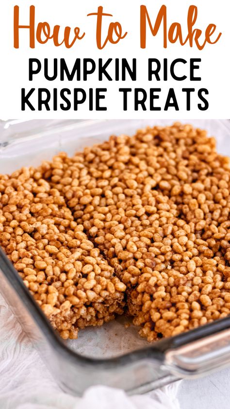 Pumpkin spice rice krispie treats are such a fun holiday treat. They're full of flavor and kid friendly. They're the best rice krispies treats! This pumpkin recipe is perfect for class parties, Halloween, and Thanksgiving. You'll love this spin on the classic rice krispie treat recipe. They can even be made dairy free and gluten free! via @simplyjillicious Rice Krispie Treats Easy, Pumpkin Spice Rice Krispie Treats, Vegan Rice Crispy Treats, Gluten Free Halloween Food, Gluten Free Christmas Desserts, Pumpkin Rice Krispie Treats, Pumpkin Rice, Gluten Free Holiday Recipes, Gluten Free Thanksgiving Recipes