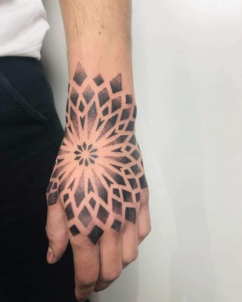 Geometric Hand Tattoo Men, Mandala Hand Tattoo Men, Dot Work Tattoo Design, Geometric Tattoo Hand, Tattoo Main, Dotwork Tattoo Mandala, Pointillism Tattoo, Geometric Tattoo Sleeve Designs, Mandala Hand Tattoos