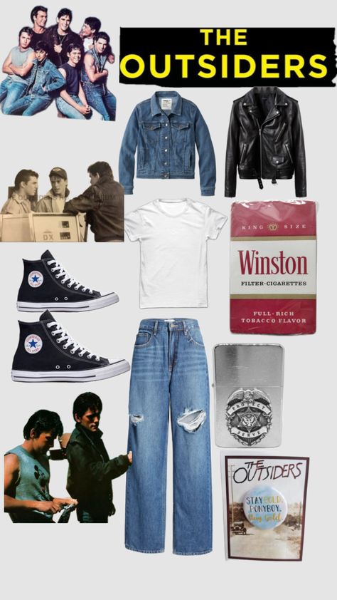 (boys) greasers / the outsiders <3 Greaser Boy Outfit, Greasers The Outsiders, Greaser Outfit, Greaser Aesthetic, The Outsiders Ponyboy, Greaser Style, First Halloween Costumes, The Outsiders Greasers, 80s And 90s Fashion