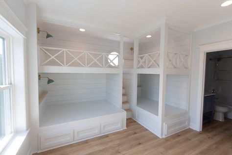 L Shaped Built In Bunk Beds, Beachy Bunk Beds, Beach House Bunk Beds Coastal, Beach House Bunk Beds, Bunk Beds Ideas, Small Beach House Interior, 4 Bed Beach House Plans, Built In Bunk Beds Beach House, Boys Room Bunk Beds