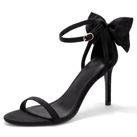 PRICES MAY VARY. 👣【Features】The toe strap is too tight, it is recommended that you take one size or 0.5 size larger than your usual size!Open Toe, microfiber, stiletto, bow tie knot, ankle strap, high heels heeled sandals.The back of the bow decoration design, is a classic and versatile high-heeled sandals! 👣【Design】 Heel Height:3.34" (approx), Platform Measures: 0.25"(approx).The slip-on design is easy to put on and take off.The insole conforms to the natural curve of the foot and provides su Black Wrap Up Heels, Black Heels With Bow On Back, Black Tie Heels, Black Hoco Heels, Black Dress Colored Heels, Black Hoco Dress With Colored Heels, Black Fancy Heels, Small Black Heels, Black Heels Aesthetic