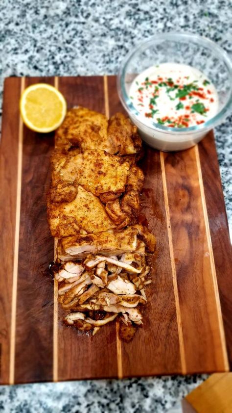 Oven Roasted Chicken Shawarma, Easy Oven Chicken Shwarma, Chicken In A Loaf Pan, Oven Chicken Shawarma, Loaf Pan Shawarma, Baked Chicken Shawarma, Chicken Schwarma Loaf Pan, Loaf Pan Chicken Shawarma, Shwarma Chicken Thigh Recipe