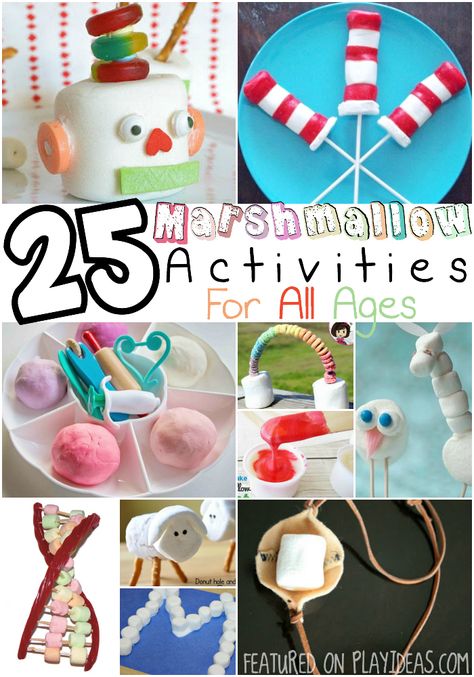 These marshmallow activities are squishy, adorable, smart fun for all ages - and they're great to learn with, too! Green Crafts For Kids, Marshmallow Games, Marshmallow Catapult, Marshmallow Activities, Mentoring Activities, Joy School, Big Marshmallows, Hungry Caterpillar Craft, Halloween Activities For Toddlers