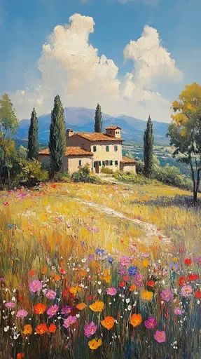 ↑↑↑ Larger size on website 🔸 The painting depicts a picturesque countryside scene with a charming Italian villa nestled among tal Italy Countryside, Farm Prints, Farmhouse Printable, Green Shutters, Italian Countryside, Italian Villa, Cypress Trees, Cozy Farmhouse, Farm Decor