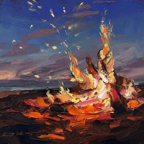 Chris Long on Instagram: "Driftwood Beach Fire 6”x6” Oil on wood panel Available originals can be found on my website: chrislongpainter.com (link in profile) . #campfire🔥 #artistsoninstagram #contemporaryart #longpainter #abstractlandscape #allaprima #dailypainter #oilpainting #landscapepainting #artoftheday #dailypainting #nocturnepainting" Fire At The Beach, Painting Campfire, Fire Oil Painting, Campfire Painting, Fire Paintings, Fire Artwork, Painting Fire, Igcse Art, Alevel Art