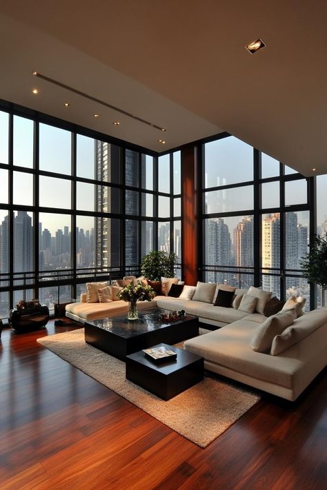 Luxurious modern living room with skyline view. Uncover the secret sauce behind mind-boggling luxury penthouse designs that will have you fantasizing about living above it all. Luxury Penthouse Design, Luxury Penthouse Interior, Luxury Penthouse, Secret Sauce, Skyline View, Modern Interiors, Sky High, Dream Home Design, New Builds