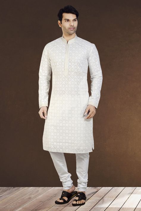 Stylish lucknowi chikanakari foil embroidery work Fabric:-georgette cotton astar inside White Lucknowi Kurta, Lucknowi Kurta For Men, Kurta Pajama Men Wedding, Panjabi Design, Pakistani Kurta Designs, Men's Kurta Pajama, Lucknowi Kurta, Embroidery Kurta, Georgette Kurta