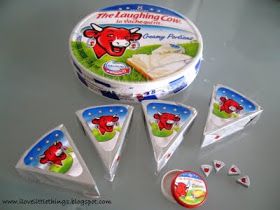 I'm totally in love with Re-ment's Laughing Cow cheese triangles. Aww... looks just like the real thing. I kept all the stickers on the tria... How To Cut Triangle Cheese, Laughing Cow Cheese Recipes Snacks, Chicken Laughing Cow Cheese, Laughing Cow Cheese Snacks, The Laughing Cow Cheese, Cheese Triangles, Cow Cheese, Laughing Cow, Happy Cow