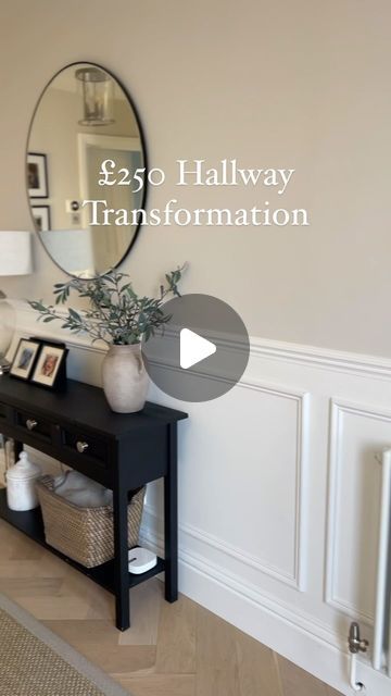 Sophie Higgs on Instagram: "BUDGET HALLWAY TRANSFORMATION🤍 Wall panelling and paint can make such a difference to a space and is the perfect way to give a room an affordable makeover   This transformation on our hallway walls cost us £250, we did the panelling ourselves using dado and moulding then painted the top half of the walls a soft neutral colour and painted the panelling white for a subtle contrast   Have a lovely day Sophie 😘  Panelling @bandq_uk  Paint on top half of walls @valsparpaintuk  Paint on bottom half of walls @duluxtrade   #interiortransformation #roomtransformation #diyhomedecor #interiordesign #hallwaytransformation #hallwaymakeover #panelling #wallpanelling #affordablehomedecor #hallwayinspo" Long Hallway Panelling, Panelling Same Colour As Walls, White Living Room Paneling, Hallway Moulding Ideas, Dado Rail Hallway Panelling, White Panelling Hallway, Panelling In Hallway, Half Wall Panelling Dining Room, Half Wall Moulding Ideas