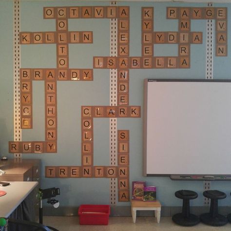 Scrabble Names Classroom Wall – Jessica Meacham Scrabble Classroom Theme, Scramble Name Wall Decor, Crossword Family Names Scrabble Wall, Scrabble Name Wall Art, Scrabble Names On Wall, Scramble Letters Decor Scrabble Wall, Classroom Vibes, Whimsical Cottage, Scrabble Wall