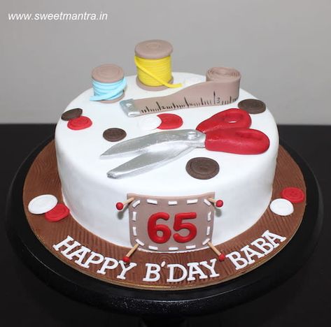 Tailoring Stitching theme cake for grandpas 65th birthday by Sweet Mantra - Customized 3D cakes Designer Wedding/Engagement cakes in Pune - http://cakesdecor.com/cakes/332242-tailoring-stitching-theme-cake-for-grandpas-65th-birthday Tailor Cake Ideas, Grandpa Birthday Cake, 50th Birthday Cake For Women, 65 Birthday Cake, Sewing Cake, Chocolate Biscuit Cake, Birthday Cake For Mom, 80 Birthday Cake, Adult Birthday Cakes