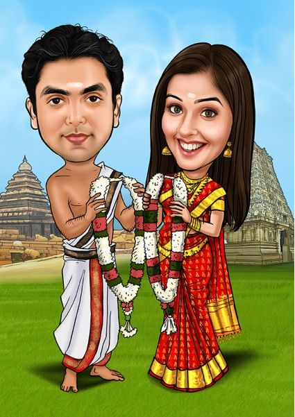 Tamil Wedding Caricature GM 151 Save The Date Caricature, Online Save The Date, Caricature Invitation, Save The Date Destination Wedding, Save The Date Destination, Caricature Online, Caricature Wedding Invitations, Couple Caricature, Couple Illustration Wedding