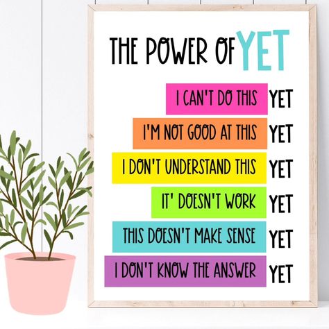 The Power of Yet Classroom Poster- Set up a positive growth mindset in your learning environment next year 🩷 #theprettylittleclassroom #classroomposters #classroomdecor #powerofyet #growthmindsetclassroom #growthmindsetforkids Power Of Yet Poster Free, The Power Of Yet Poster, Positive Affirmations For Kids Classroom, 6 Grade Math, School Psychologist Office, The Power Of Yet, Growth Mindset For Kids, Psychologist Office, Growth Mindset Classroom