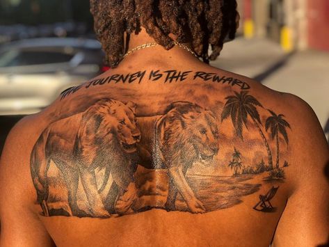 Black Back Tattoos Men, Male Back Tattoo Ideas For Men, Lions Walking, Stomach Tats, Back Tattoos For Guys Upper, Lion Back Tattoo, Rug Tattoo, Arm Tattoos Black, Jungle Tattoo