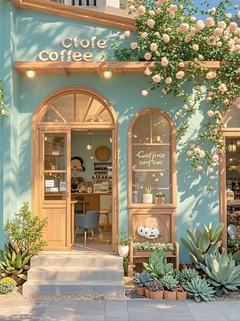 Cafe Aesthetic Exterior, Coffee Shop Design Cozy, Confectionery Shop, Coffee Art Painting, Profiterole, Cute Coffee Shop, Postal Vintage, Food Logo Design, Coffee Images