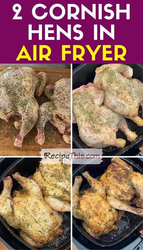 Air Fryer Cornish Hen. Two quick, simple, and delicious ways to cook Cornish hens in the air fryer. Both methods produce rotisserie style crispy Cornish hens that are perfect for dinner for two in the air fryer. Air Fryer Cornish Hen Recipe, Air Fryer Cornish Hen, Cooking Cornish Hens, Game Hen Recipes, Cornish Game Hen Recipes, Cornish Hen Recipe, Small Air Fryer, Cornish Hen, Cornish Game Hen