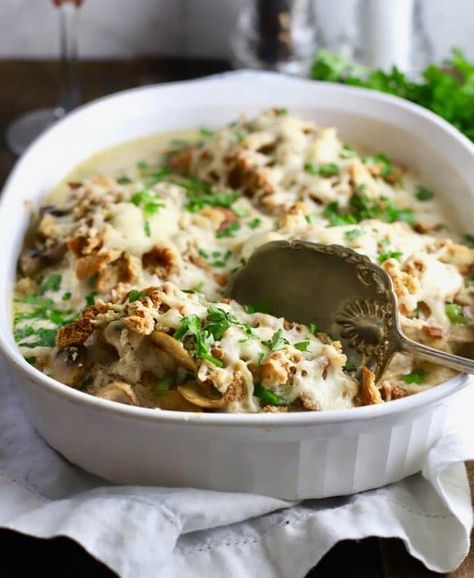 My easy Creamy Oven-Baked Asiago Chicken Breast recipe features moist, tender oven-baked chicken breasts topped with earthy mushrooms and bell pepper, a creamy, dreamy bechamel sauce, crunchy herb stuffing mix, and rich, nutty, melted asiago cheese. Add a salad and this one-dish, casserole dinner is a winner. #gritsandpinecones, #casserole, #chicken, #chickenrecipes, #comfortfood, #dinnerrecipes, #dinner, #sundaysupper Oven Baked Creamy Chicken, Baked Creamy Chicken, Asiago Chicken, Barbecued Chicken, Chicken Fried Chicken, Casserole Chicken, Oven Baked Chicken Breasts, Herb Stuffing, Chicken Breast Recipe