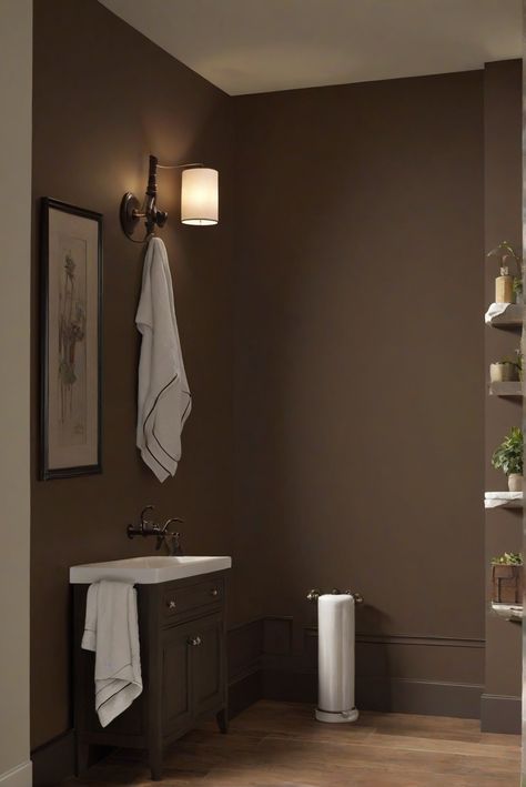 bathroom wall decor, bathroom wall ideas, bathroom wall paint, bathroom wall design Dark Brown Bathroom Decor, Sw Dark Brown Paint Colors, Brown Paint Colors Behr, Dark Brown Wall Paint, Urbane Bronze Bathroom, Color For Bathroom Walls, Dark Brown Bathroom Ideas, Chocolate Brown Bathroom, Brown Grey Paint Color