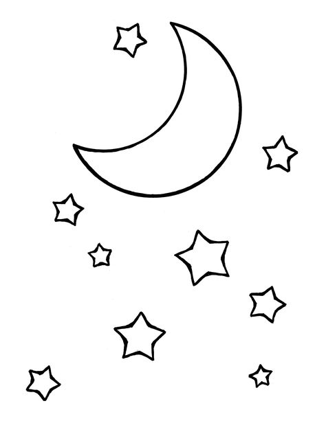 A line drawing of the moon and stars from the nursery manual Behold Your Little Ones (2008), page 35. Moon For Kids, Moon Coloring Pages, Drawing Stars, Star Coloring Pages, Ramadan Activities, Star Illustration, Star Template, Shape Templates, Ramadan Crafts