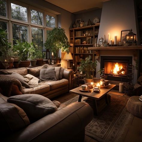 Warm Interior Design Cozy Living Rooms, Salons Cottage, Moody Living Room, Snug Room, Dark Living Rooms, Living Room Warm, Dream House Rooms, Home Fireplace, Family Rooms