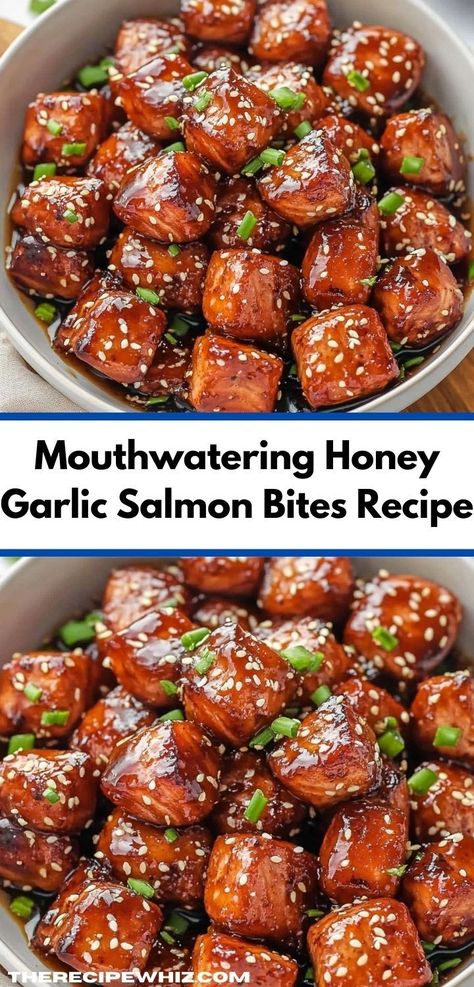 Looking for a delicious and easy dinner idea? Try these Mouthwatering Honey Garlic Salmon Bites, perfect for busy weeknights. This quick salmon dinner is packed with flavor, making it a family-friendly option everyone will love. Honey Garlic Salmon Bites, Garlic Salmon Bites, Salmon Bites Recipe, Quick Salmon, Salmon Bites, Salmon Soy Sauce, Honey Garlic Salmon, Honey Salmon, Garlic Salmon