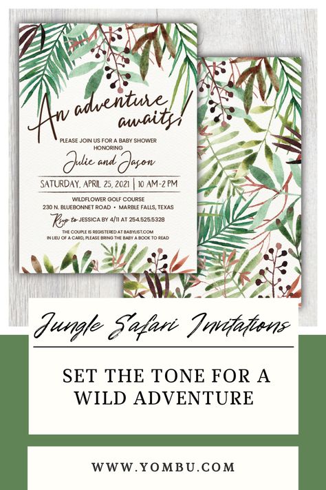 Set the tone for a wild adventure with these Jungle Safari Invitations! From playful jungle animals to safari vehicles, these invites will ignite excitement for your jungle-themed party. Get ready for a roaring celebration! #JungleSafariInvitations #WildPartyIdeas #AdventureAwaits #KidsPartyIdeas #partyideas #birthday #inspiration #kidsparty #yombu Adult Safari Party, Decorate With Green, Safari Kids Party, Jungle Food, Jungle Safari Birthday Party, Jungle Crafts, Safari Invitations, Pin The Tail, Jungle Safari Birthday