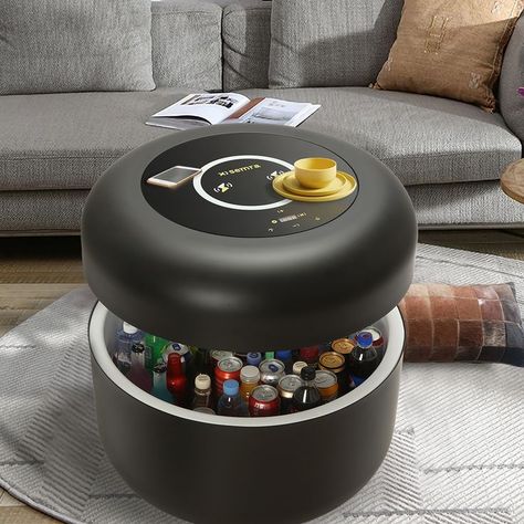 amazing smart table with bluetooth speaker, cooling fridge, wireless charging, LED accent light, portable with castors for outdoor & indoor use!!! Round Table Living Room, Gadget Tecnologici, Smart Table, Smart Refrigerator, Pot Lid Organization, Mini Refrigerator, Cool Gadgets For Men, Built In Refrigerator, Smart Home Appliances