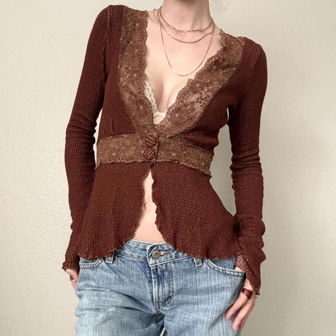 90s brown & lace cardigan. size XS

vintage cardigan... - Depop Fairycore Shirt, Fairycore Dresses, Lace Knit Top, Fairycore Clothes, Cottagecore Clothes, Shiny Pants, Lace Cardigan, Vintage Cardigan, Lace Patchwork