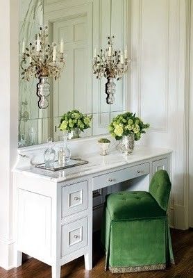 White Vanity Table With Mirror And Bench - Foter Bathroom Vanity Chair, Beautiful Bathroom Vanity, Green Chairs, Closet Vanity, Vanity Bedroom, Bathroom Vanity Designs, Diy Vanity, Vanity Design, Vanity Chair