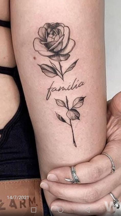 Dark Floral Tattoo, Word Tattoo Placements, Golden Tattoo, Rose Tattoo Stencil, Rose Tattoo Forearm, Rose Tattoos For Women, Hand Tattoos For Girls, Tattoos With Kids Names, Floral Tattoos