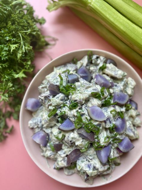 Homemade Purple Potato Salad - Shayna's Kitchen Purple Potato Salad Recipes, Purple Potato Salad, Purple Potato Recipes, Potato Salad With Egg, Purple Yam, Purple Potatoes, Purple Sweet Potatoes, Cubed Potatoes, Salad With Sweet Potato