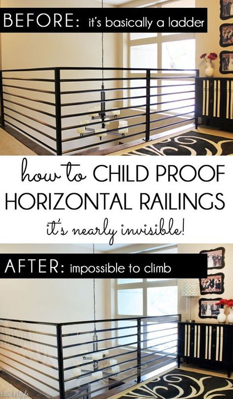 SO MUCH SAFER! Horizontal railings are like a ladder waiting to be climbed. Learn how to child proof a horizontal railing with a clear banister shield! Best of all it's inexpensive, and nearly invisible! Clear Banister, Baby Proofing Stairs, Horizontal Railing, Diy Stair Railing, Loft Railing, Baby Gate For Stairs, Indoor Railing, Metal Stair Railing, Toddler Proofing