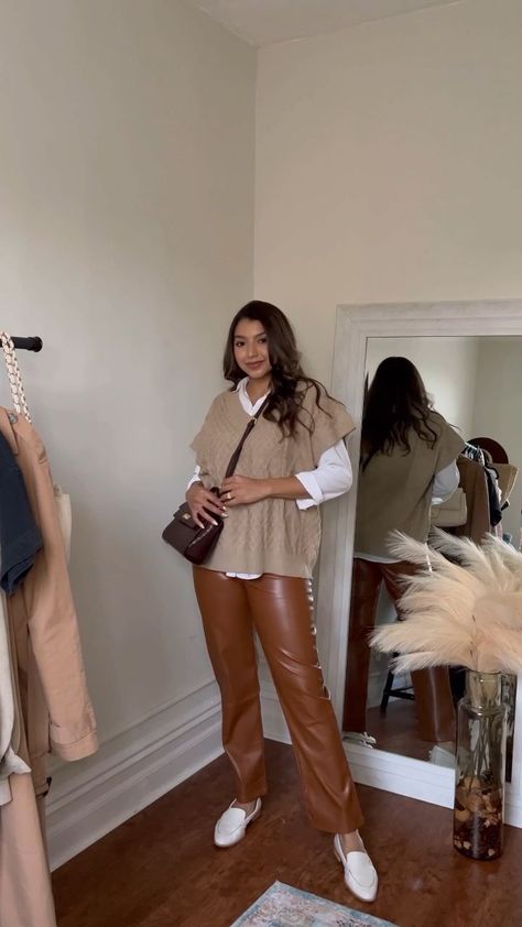 Sweater Vest With Leather Pants, Brown Vest Sweater Outfit, Brown Leather Pants Cream Sweater, Leather Pants Thanksgiving Outfit, Leather Pants Flannel Outfit, Light Brown Leather Pants Outfit, How To Style Brown Leather Pants, Beige Dress Pants Outfit, Beige Leather Pants Outfit